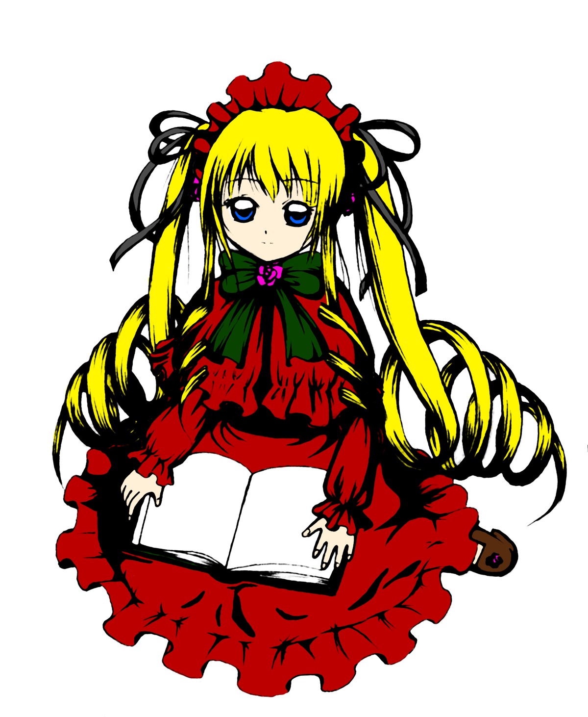 1girl blonde_hair blue_eyes book bow bowtie capelet dress full_body green_bow image long_hair long_sleeves looking_at_viewer shinku simple_background sitting solo twintails white_background