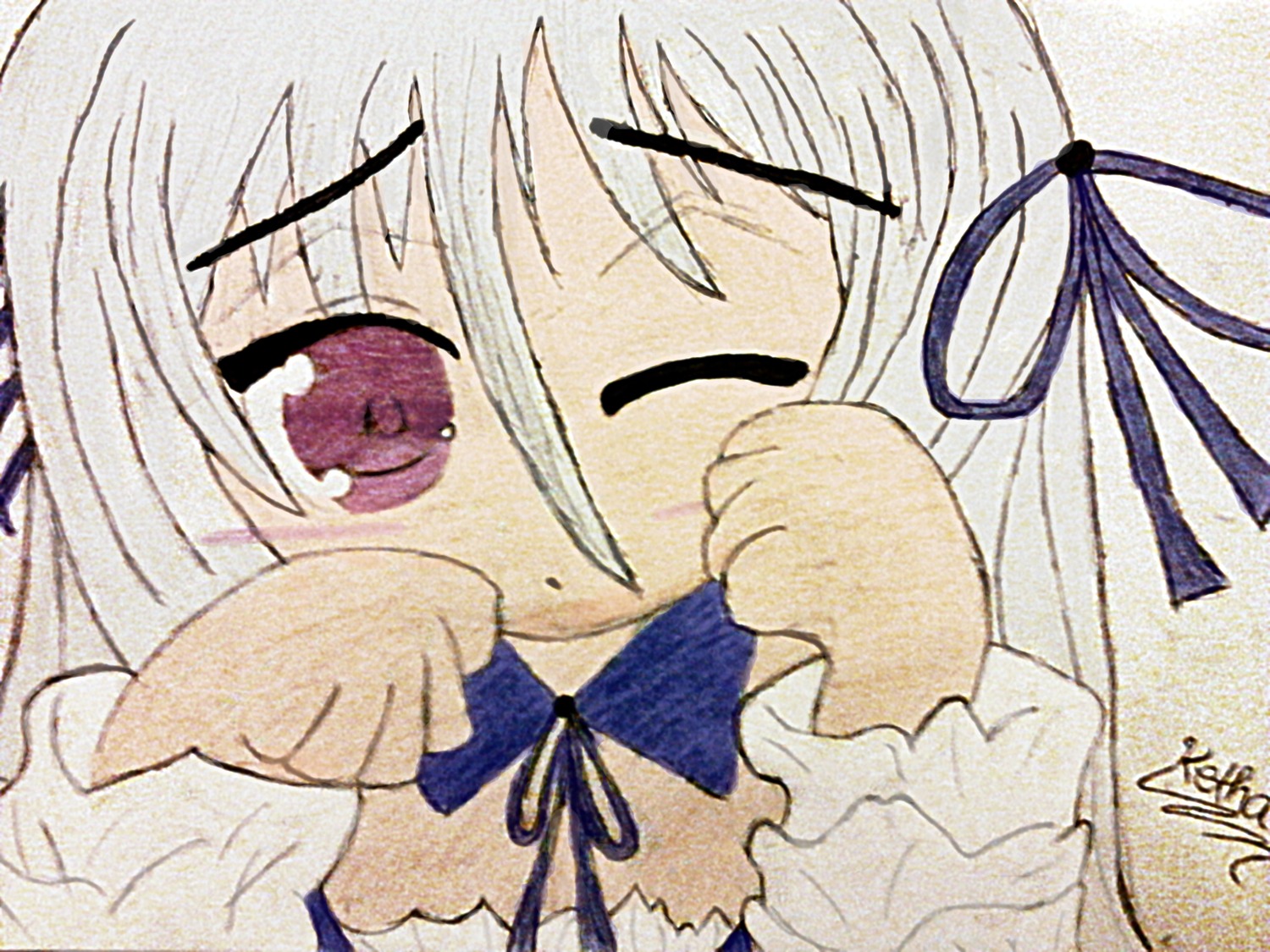 1girl blue_ribbon frills hair_ribbon image long_sleeves neck_ribbon puffy_sleeves ribbon signature solo suigintou tears traditional_media upper_body white_hair