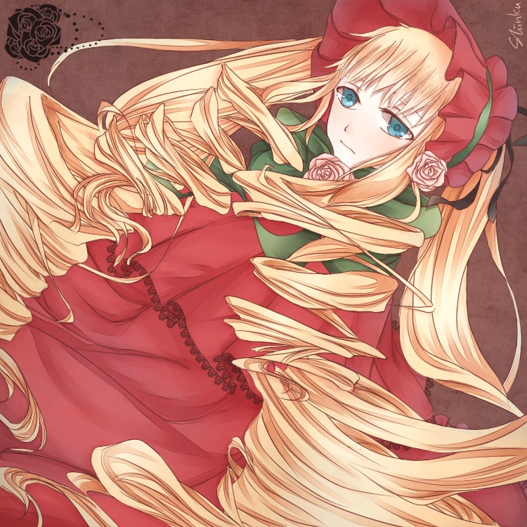 1girl blonde_hair blue_eyes bonnet bow dress drill_hair flower green_bow image long_hair long_sleeves looking_at_viewer pink_flower pink_rose red_capelet red_dress ringlets rose shinku solo twin_drills very_long_hair