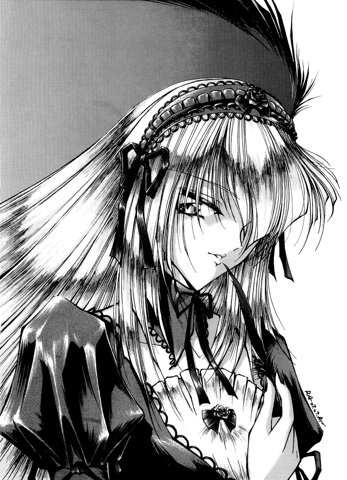 1girl dress greyscale hairband image long_hair long_sleeves looking_at_viewer monochrome simple_background solo suigintou upper_body wings
