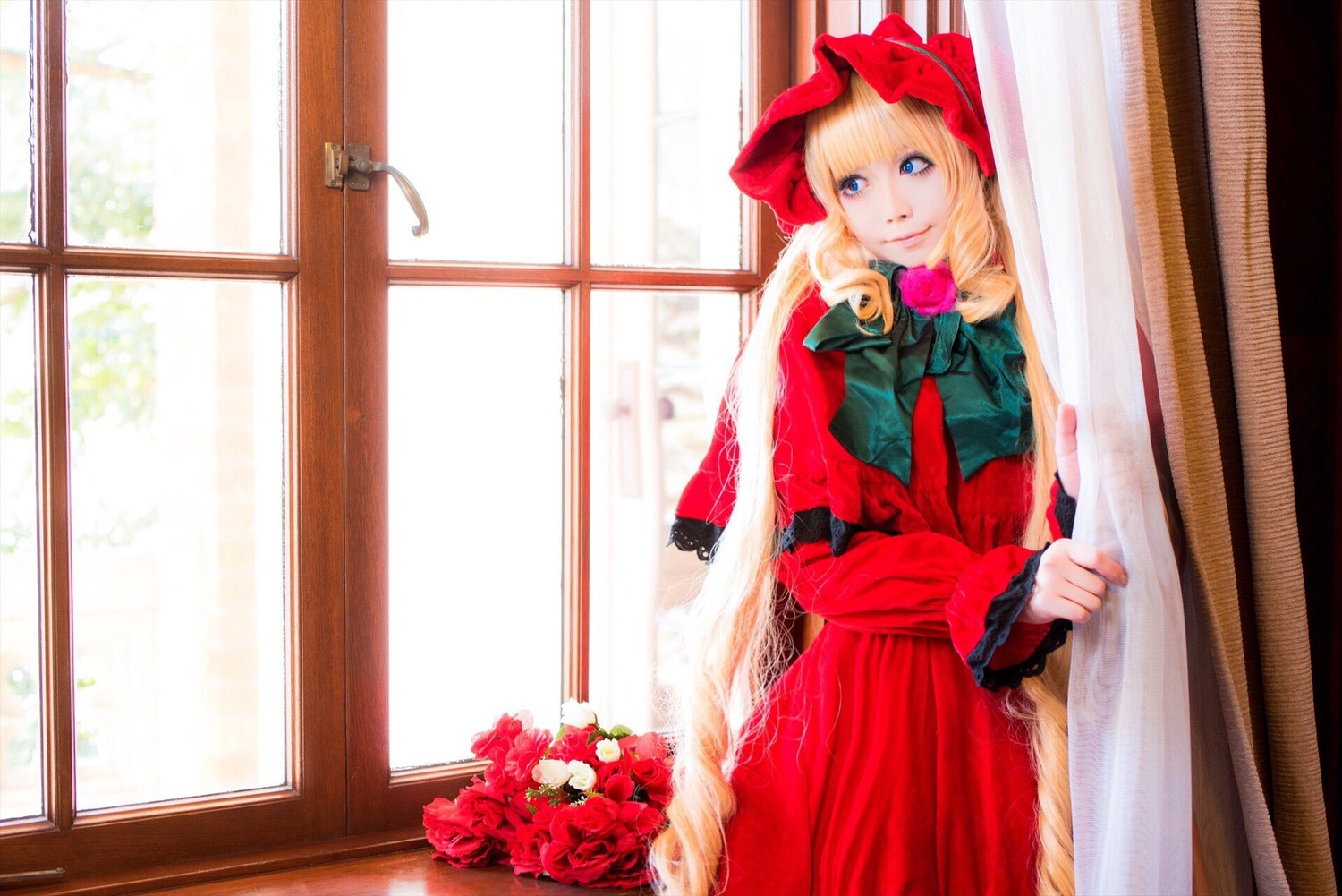 1girl blonde_hair blue_eyes bonnet bouquet bow curtains dress flower long_hair long_sleeves looking_at_viewer red_dress red_flower red_rose rose shinku solo window