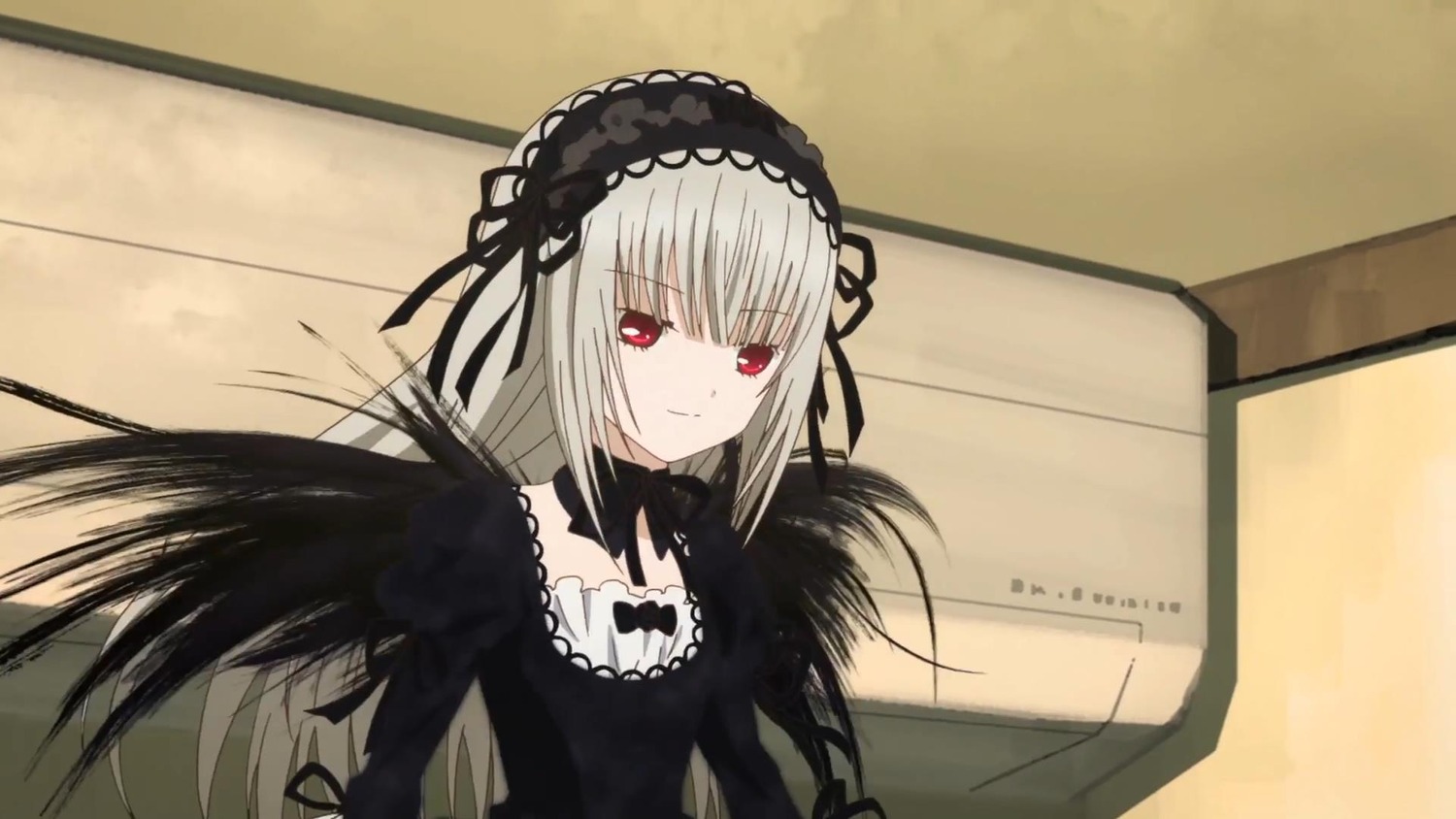 1girl black_dress black_ribbon black_wings closed_mouth dress frills hairband image long_hair long_sleeves looking_at_viewer red_eyes ribbon silver_hair smile solo suigintou wings