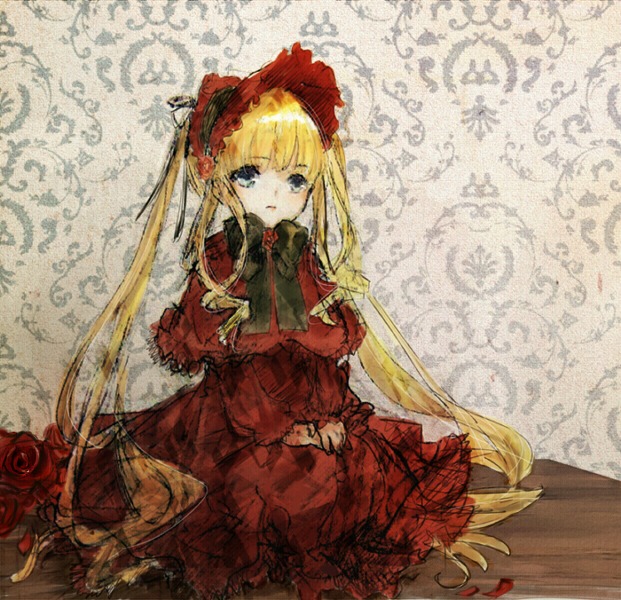 1girl blonde_hair blue_eyes bow capelet dress flower image long_hair long_sleeves looking_at_viewer red_dress red_flower red_rose rose shinku sitting solo twintails very_long_hair