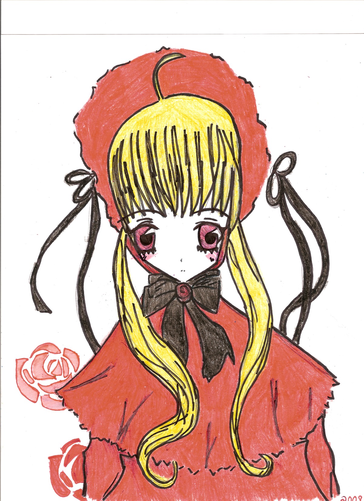 1girl ahoge bangs blonde_hair blush bonnet capelet dress expressionless flower image long_hair long_sleeves looking_at_viewer red_capelet red_eyes ribbon rose shinku sidelocks signature simple_background solo traditional_media twintails upper_body white_background