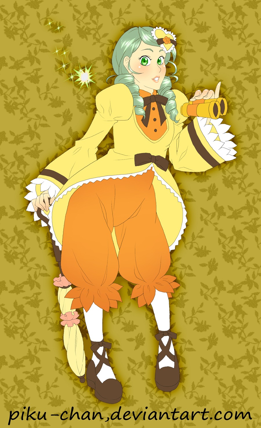 1girl bow copyright_name flower full_body grass green_eyes hair_ornament image kanaria long_sleeves lying on_back puffy_sleeves shoes smile solo