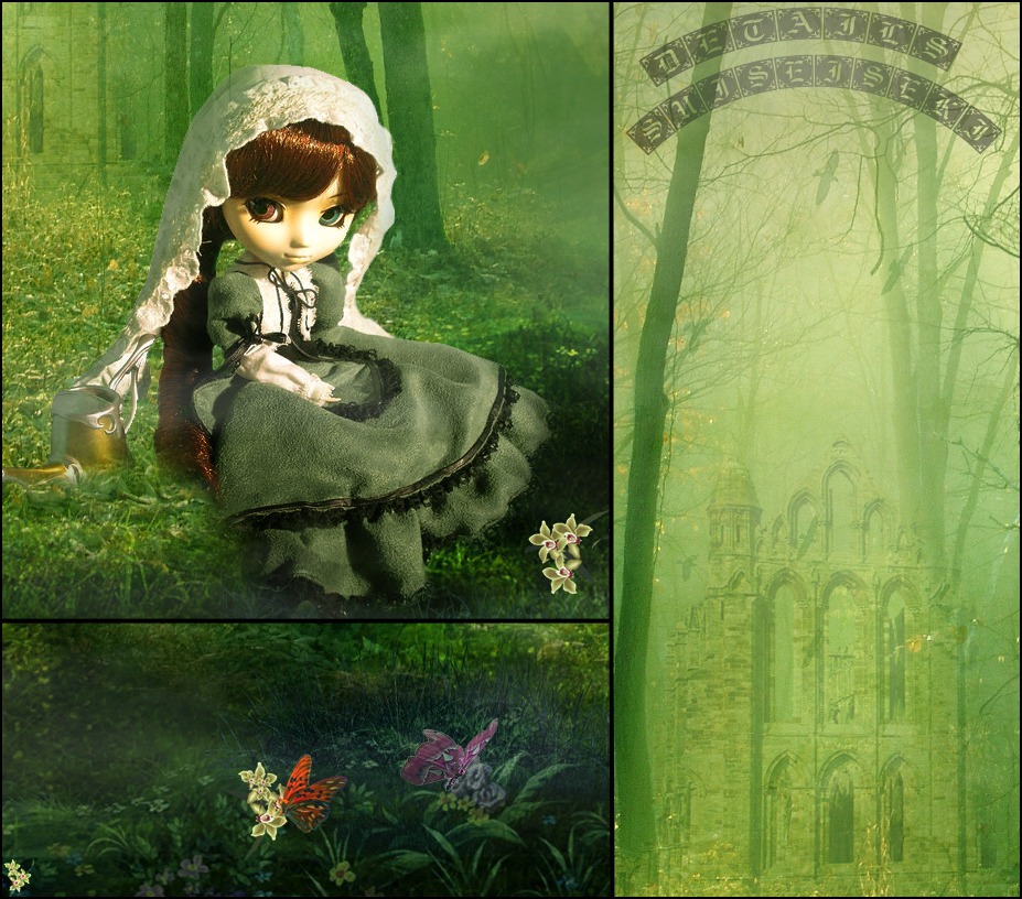 1girl brown_hair doll dress flower hat heterochromia letterboxed long_hair long_sleeves solo suiseiseki