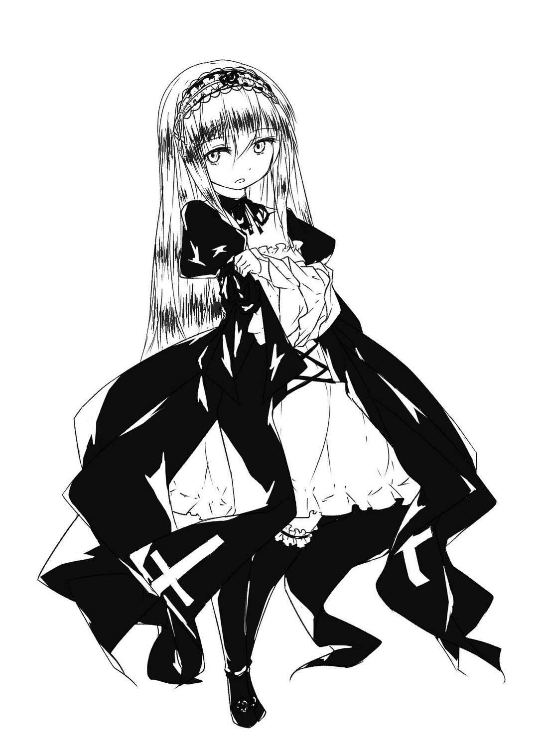 1girl dress eyebrows_visible_through_hair frills full_body greyscale hairband image long_hair long_sleeves looking_at_viewer monochrome simple_background solo standing suigintou very_long_hair white_background