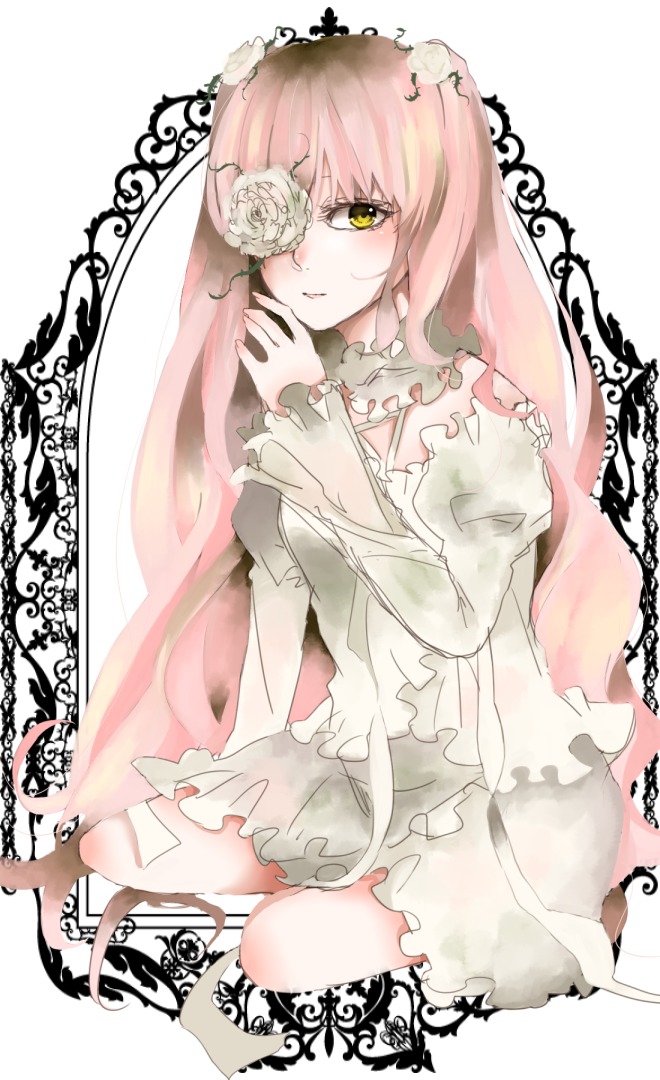 1girl dress frills image kirakishou long_hair long_sleeves looking_at_viewer pink_hair see-through solo veil very_long_hair white_dress yellow_eyes