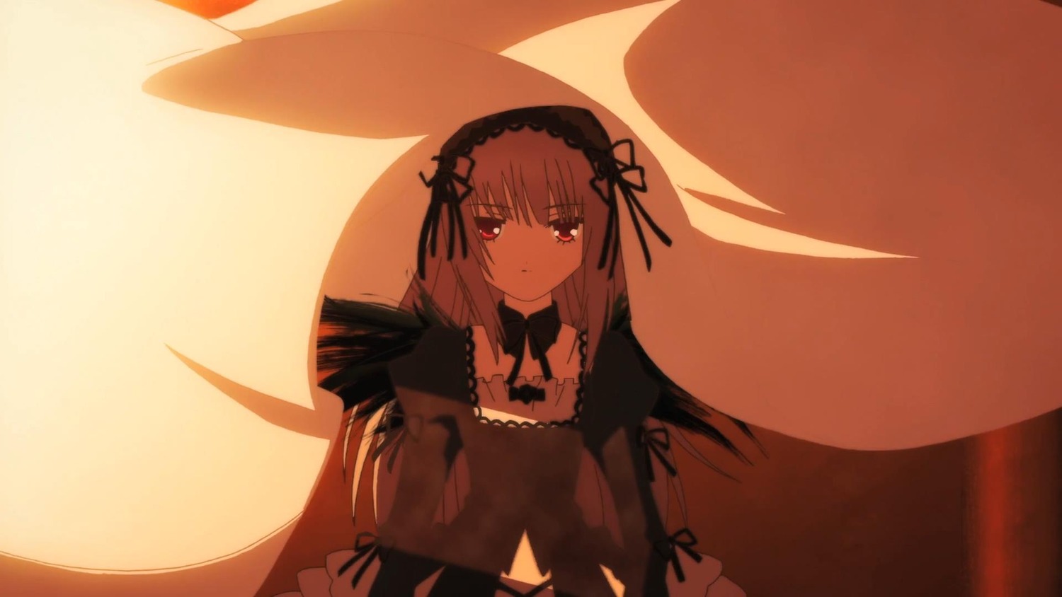 1girl bangs black_dress black_ribbon closed_mouth dress eyebrows_visible_through_hair hairband image juliet_sleeves long_hair long_sleeves looking_at_viewer puffy_sleeves ribbon solo suigintou wings