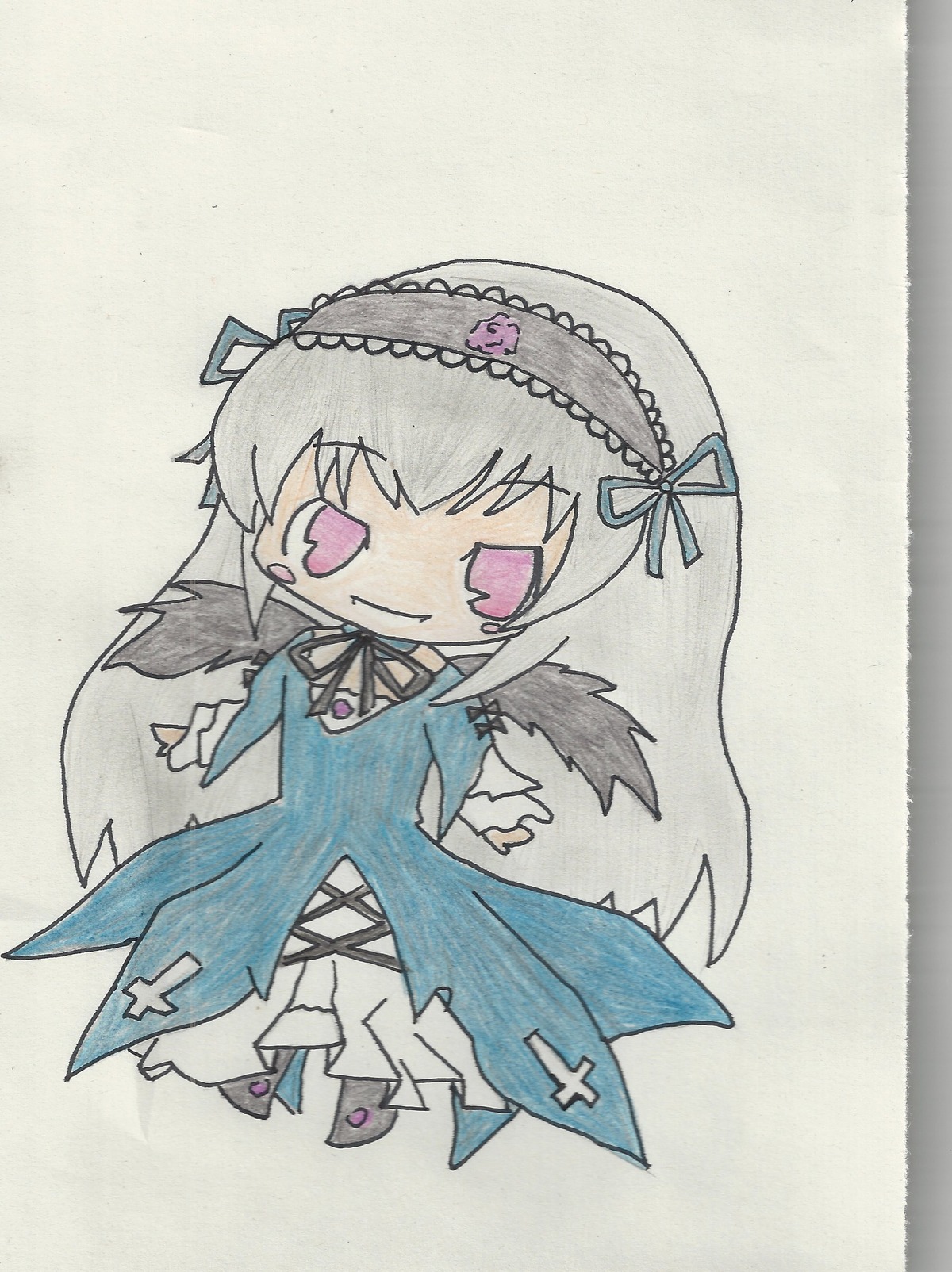 1girl auto_tagged chibi dress flower frills hairband heart image long_hair long_sleeves pink_eyes rose simple_background smile solo suigintou wings