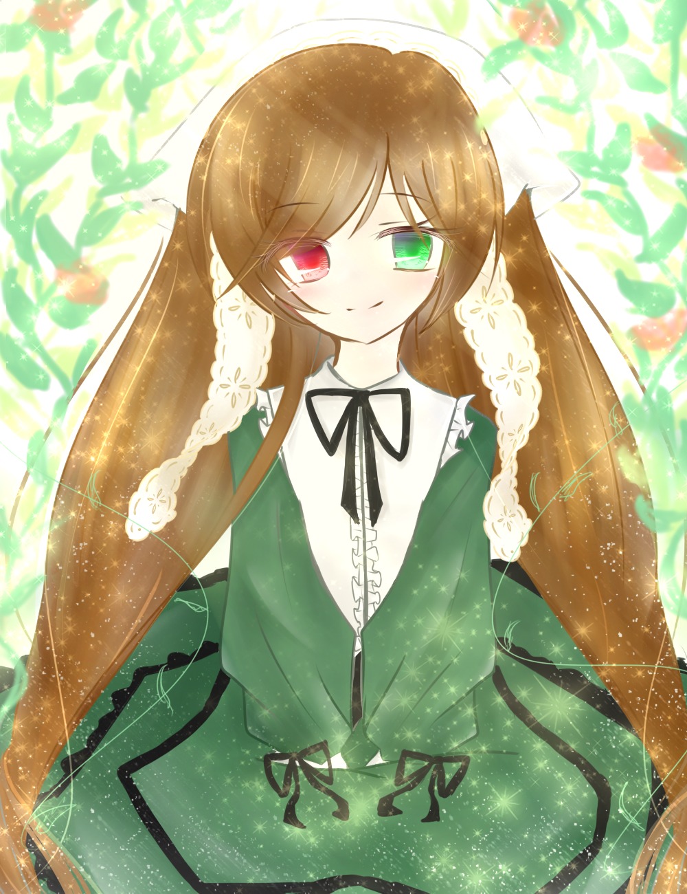 1girl bangs black_ribbon brown_hair dress flower frills green_dress green_eyes heterochromia image long_hair long_sleeves looking_at_viewer red_eyes ribbon smile solo suiseiseki very_long_hair