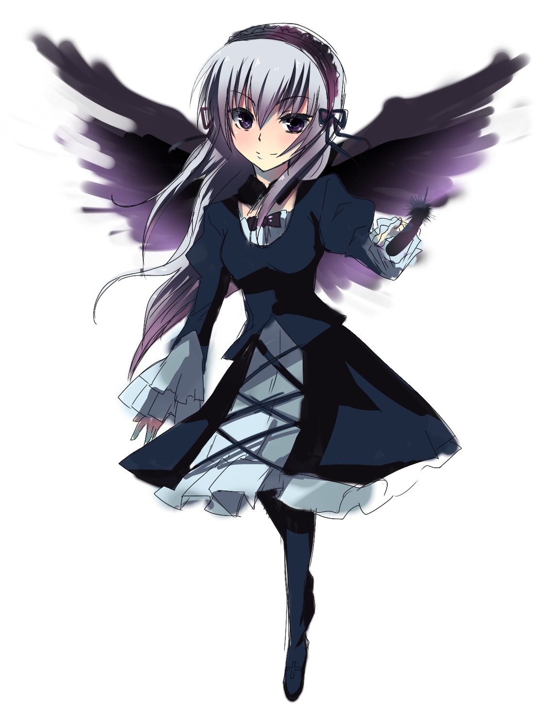 1girl bad_id bad_pixiv_id black_wings blush boots chirosuke dress feathered_wings feathers frills full_body hairband highres image long_hair long_sleeves looking_at_viewer puffy_sleeves purple_eyes rozen_maiden silver_hair sketch solo standing suigintou white_background wings