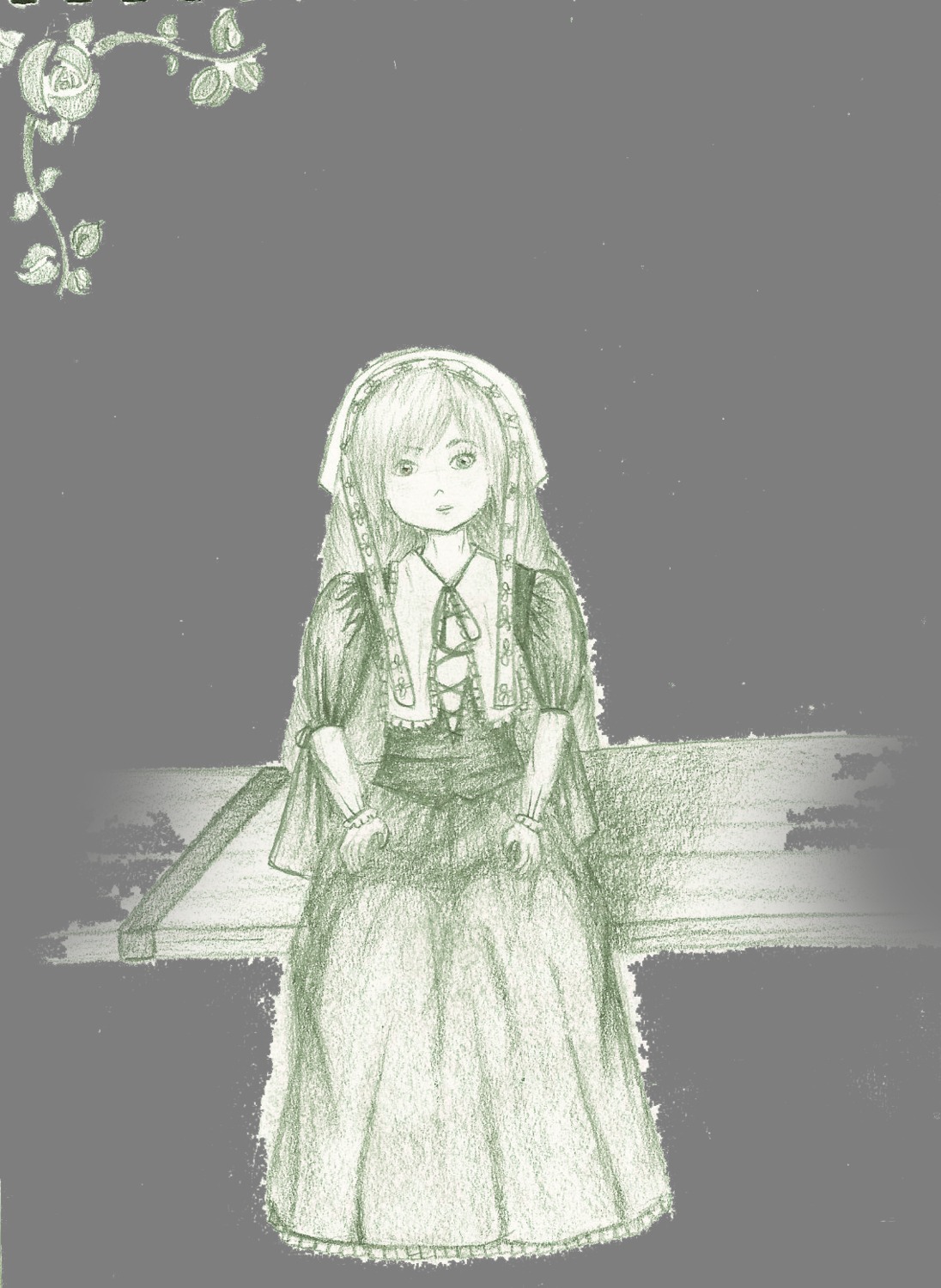 1girl auto_tagged dress flower image long_hair long_sleeves looking_at_viewer monochrome sitting solo suiseiseki