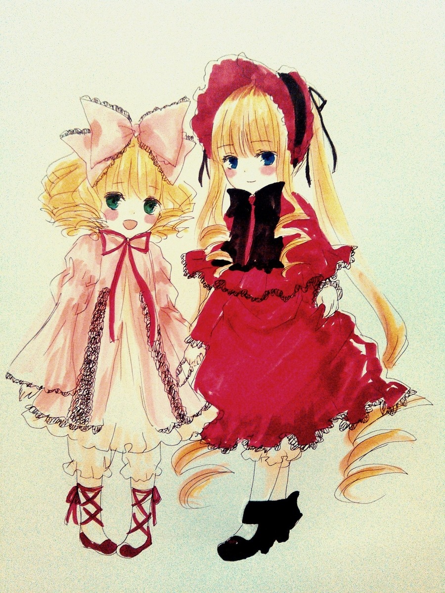 :d blonde_hair blue_eyes blush bow dress drill_hair full_body hina_ichigo hinaichigo image long_hair long_sleeves looking_at_viewer multiple_girls open_mouth pair pink_bow red_dress shinku shoes smile standing very_long_hair white_legwear