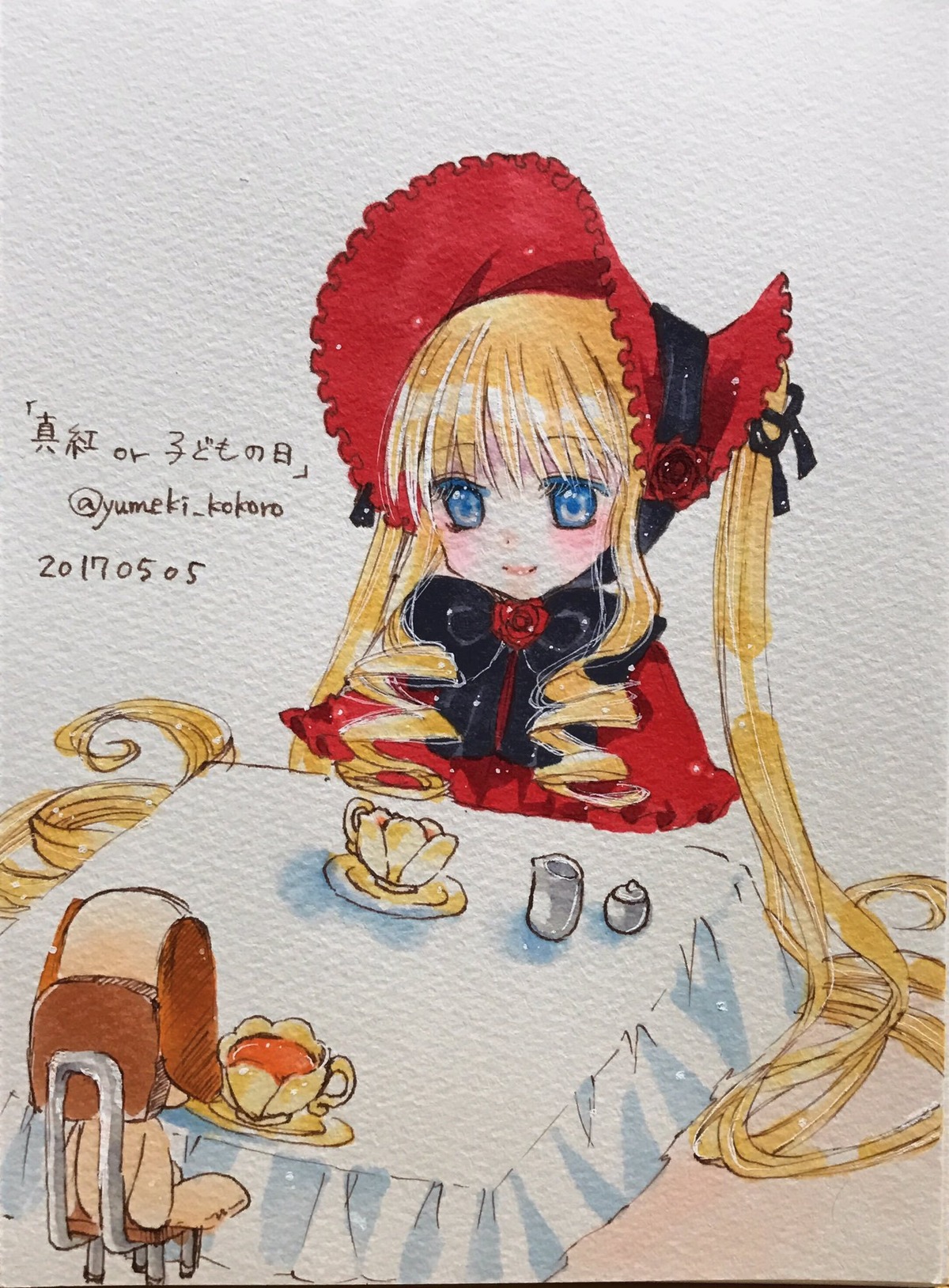 1girl blonde_hair blue_eyes blush bonnet bow bowtie cup dress drill_hair flower food image long_hair long_sleeves photo red_flower rose saucer shinku solo table tea teacup traditional_media twin_drills twintails very_long_hair watercolor_(medium)