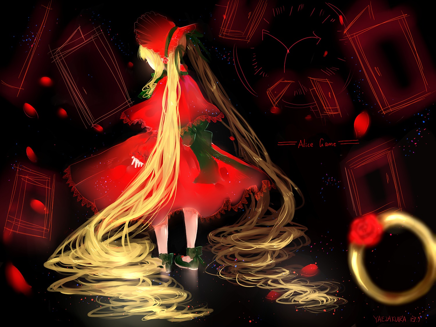 1girl absurdly_long_hair blonde_hair bonnet bow dress flower hat image long_hair magic_circle petals red_flower red_rose rose shinku solo twintails very_long_hair