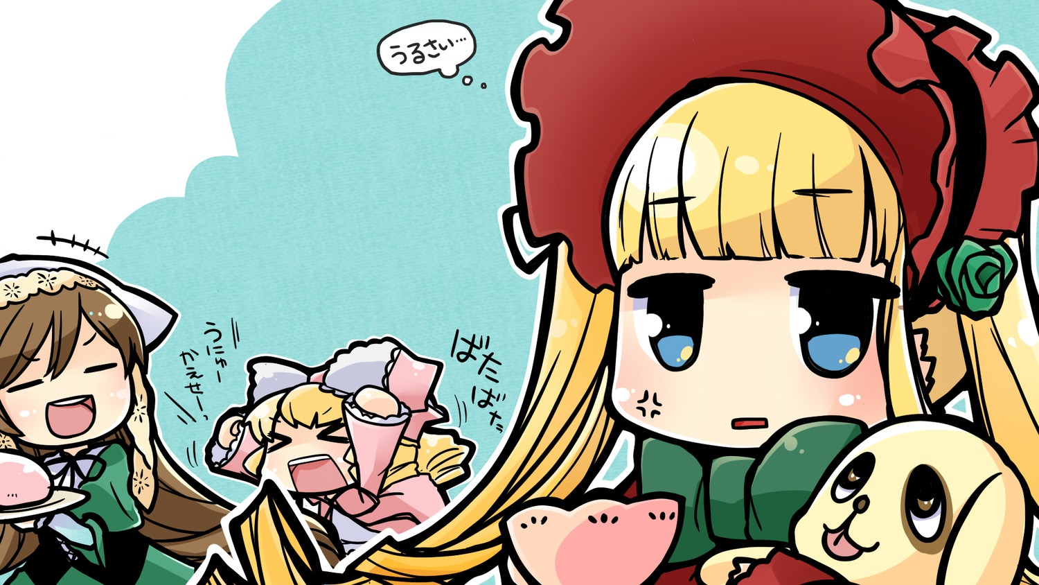 3girls :3 >_< anger_vein bangs blonde_hair blue_eyes blush_stickers bonnet closed_eyes dress flower green_dress hat head_scarf image long_hair multiple multiple_girls open_mouth rose shinku smile suiseiseki tagme