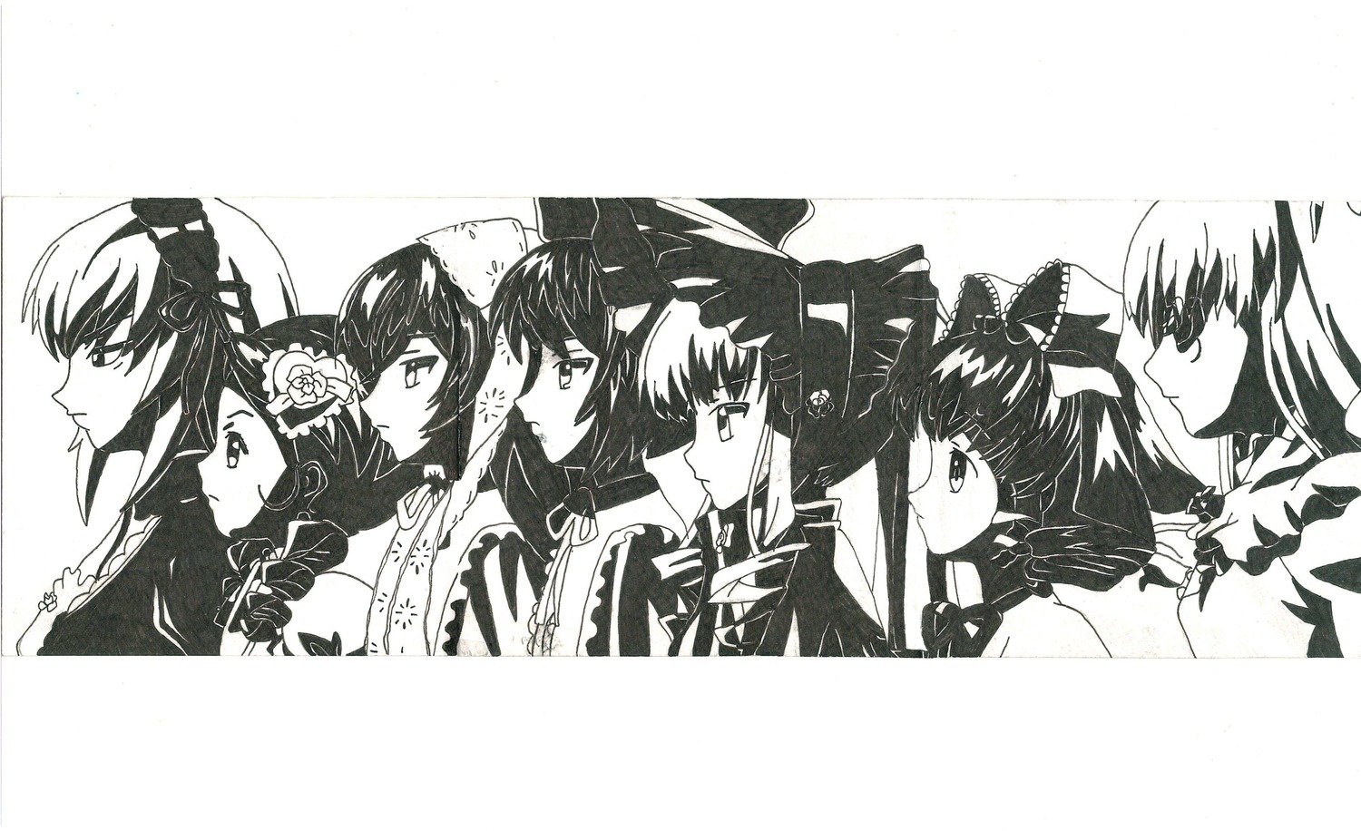 6+girls bow greyscale hair_bow hair_tubes hakurei_reimu hat image long_hair monochrome multiple multiple_girls profile smile tagme