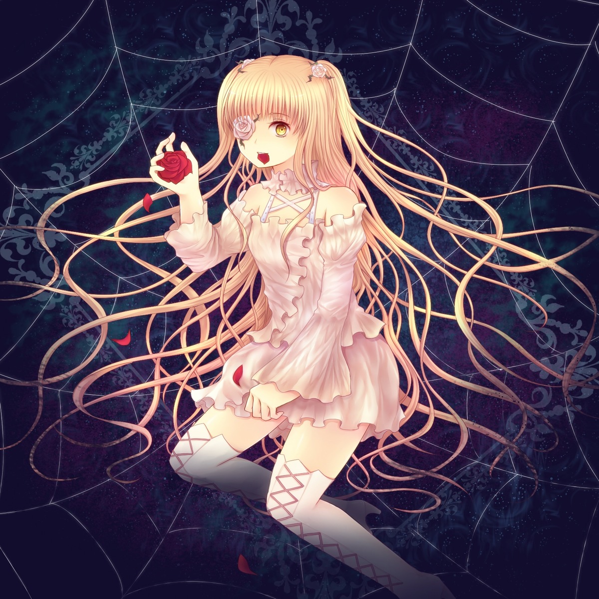1girl blonde_hair boots constellation dress eyepatch flower image kirakishou long_hair open_mouth red_flower red_rose rose shooting_star silk sky solo spider_web star_(sky) starry_sky thigh_boots thighhighs thorns very_long_hair vines yellow_eyes zettai_ryouiki