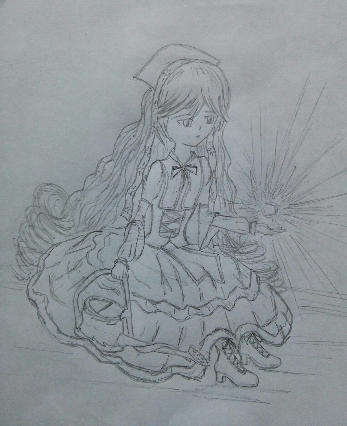 1girl dress frills full_body hat image long_hair monochrome sketch sleeveless solo suiseiseki traditional_media very_long_hair