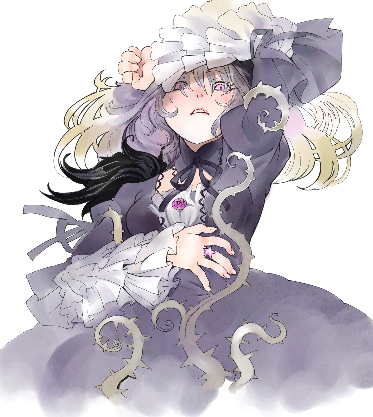 1girl absurdres blush commentary_request dress frilled_sleeves frills gothic_lolita highres image jewelry lolita_fashion long_hair long_sleeves moruga plant purple_eyes ribbon ring rozen_maiden silver_hair solo striped suigintou vines white_background wings