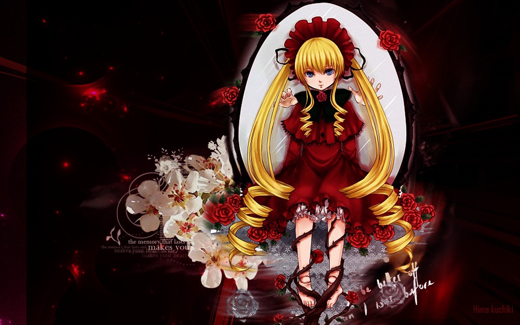1girl blonde_hair blue_eyes bonnet bow dress flower image long_hair long_sleeves looking_at_viewer red_dress red_flower red_rose rose shinku sitting solo twintails very_long_hair