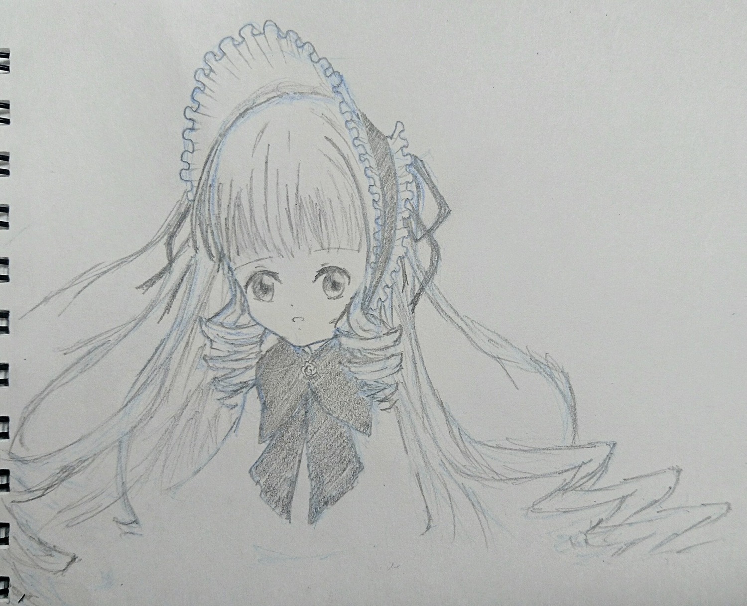 1girl bangs bonnet bow graphite_(medium) image long_hair looking_at_viewer monochrome photo shinku simple_background sketch solo traditional_media