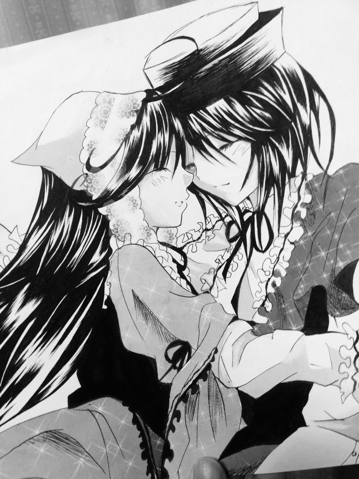 2girls blush closed_eyes greyscale houraisan_kaguya image japanese_clothes long_hair long_sleeves monochrome multiple_girls pair short_hair smile souseiseki suiseiseki wide_sleeves yuri