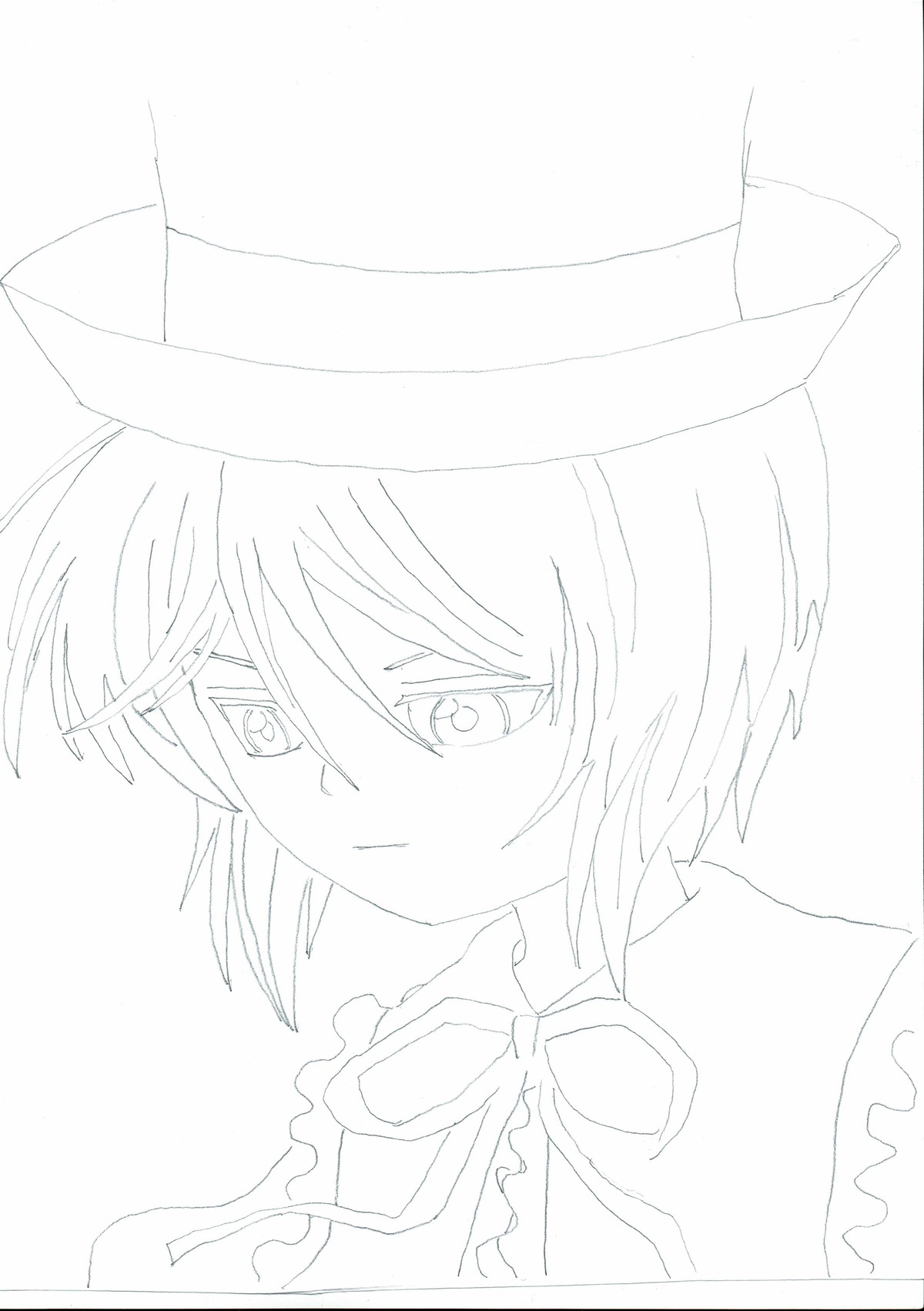 1girl blush closed_mouth greyscale hat image lineart monochrome ribbon short_hair solo souseiseki