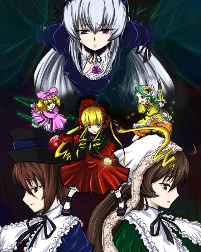 6+girls blonde_hair blue_eyes bonnet bow brown_hair dress frills green_dress green_hair hat hina_ichigo image kanaria long_hair long_sleeves multiple multiple_girls pink_bow red_dress red_eyes shinku short_hair siblings silver_hair sisters souseiseki suigintou suiseiseki tagme twintails very_long_hair wings