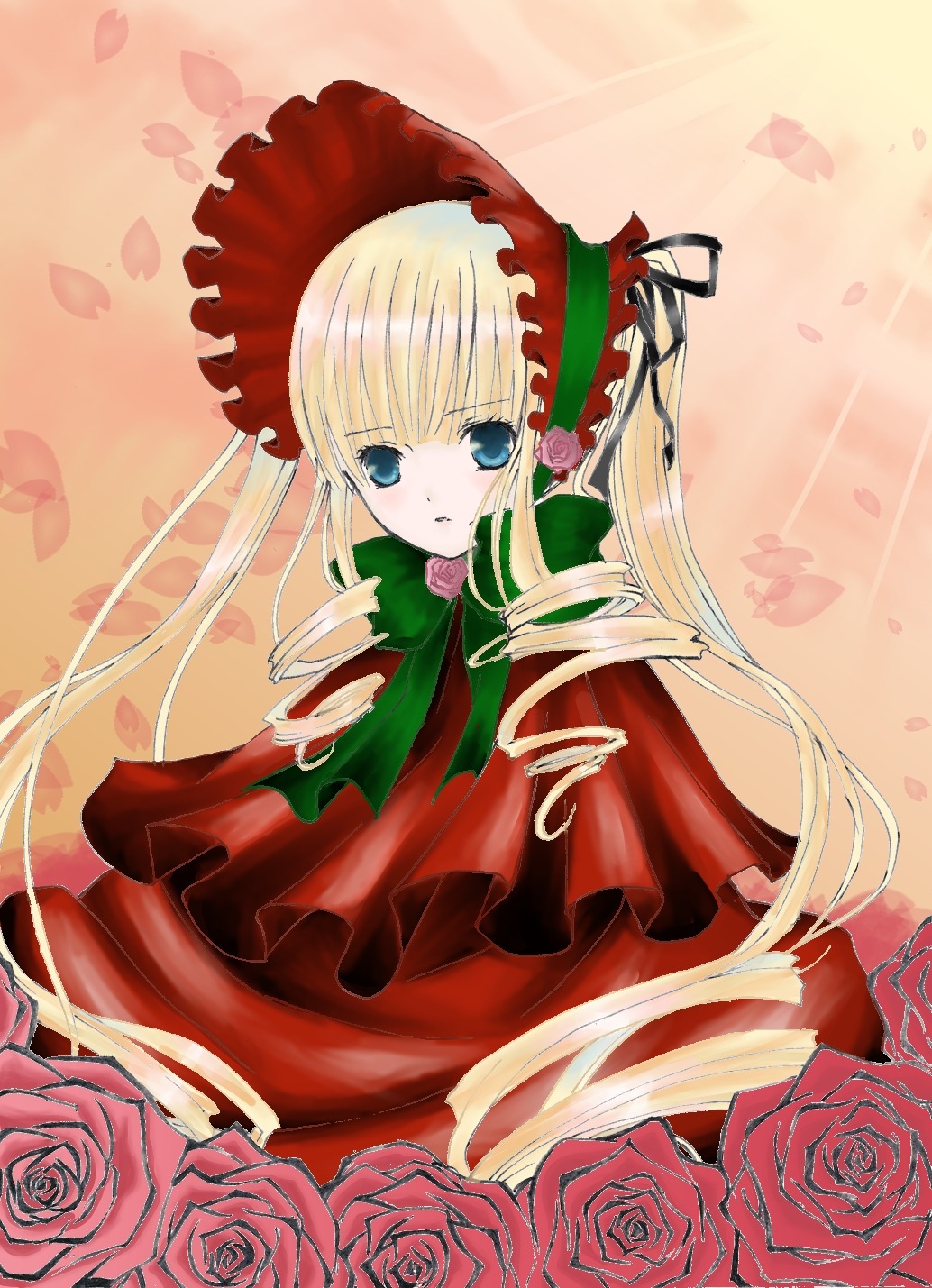 1girl blonde_hair blue_eyes bonnet bow dress drill_hair flower green_bow image long_hair long_sleeves looking_at_viewer petals pink_flower pink_rose purple_rose red_flower red_rose rose rose_petals shinku solo twintails
