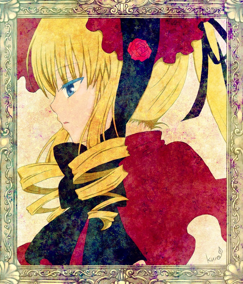 1girl auto_tagged blonde_hair blue_eyes bonnet drill_hair flower frame image long_hair marker_(medium) portrait profile ribbon ringlets rose shikishi shinku solo traditional_media twin_drills twintails upper_body