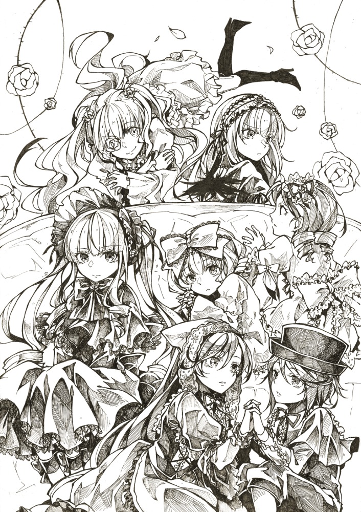 6+girls bonnet bow dress flower hairband hat hina_ichigo holding_hands image kanaria long_hair looking_at_viewer monochrome multiple multiple_girls rose shinku short_hair siblings sisters smile souseiseki suigintou suiseiseki tagme twintails