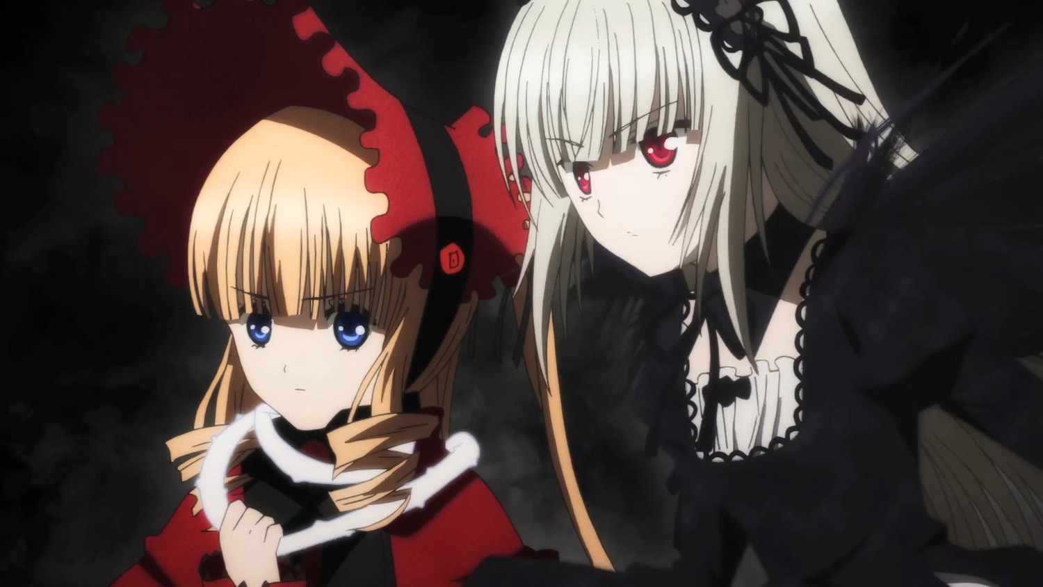 2girls blonde_hair blue_eyes bow dress drill_hair flower hairband image long_hair long_sleeves multiple_girls pair red_eyes ribbon shinku silver_hair suigintou umbrella