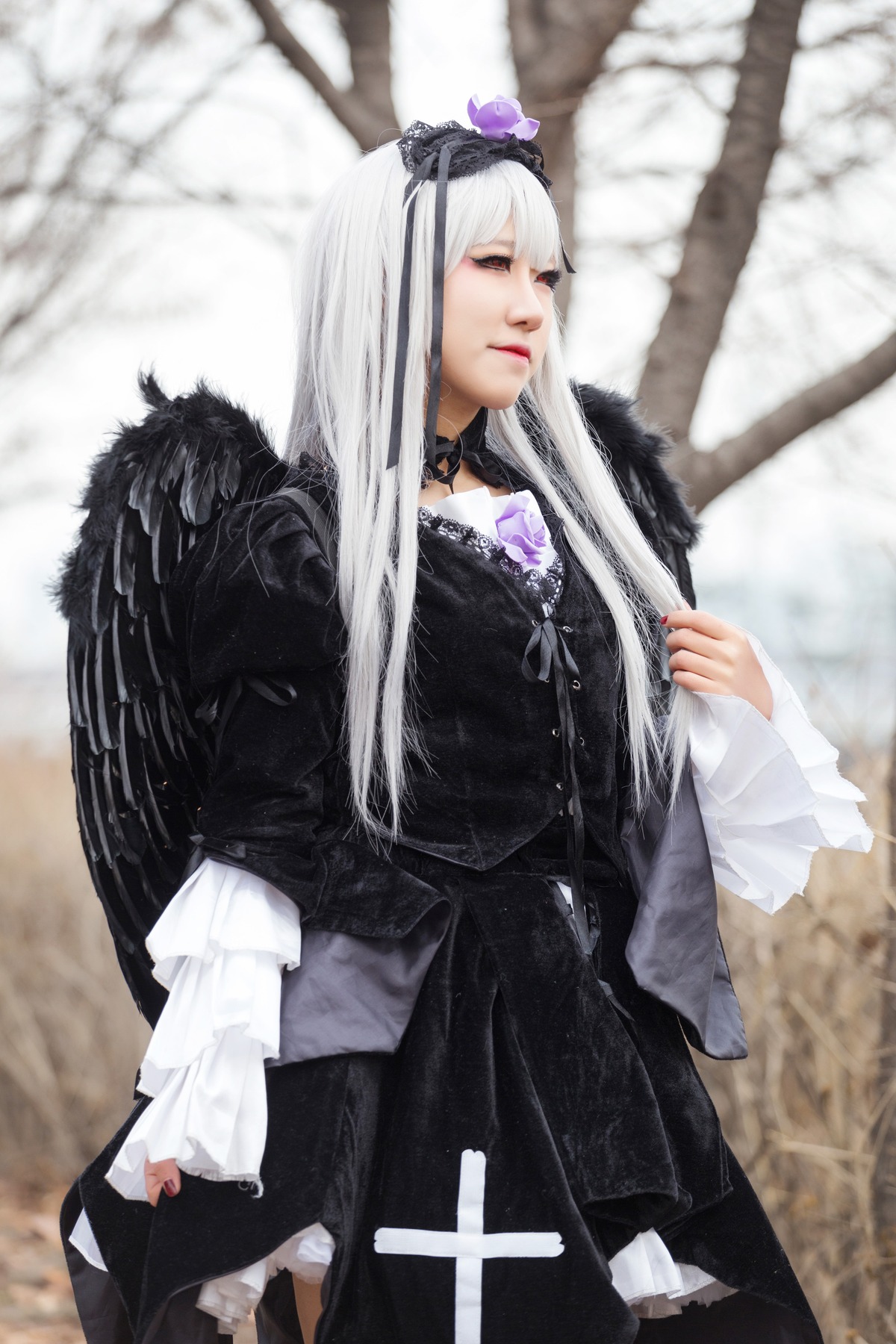 1girl bangs black_dress blurry blurry_background blurry_foreground closed_mouth cross depth_of_field dress flower frills gothic_lolita lolita_fashion long_hair long_sleeves photo solo standing suigintou