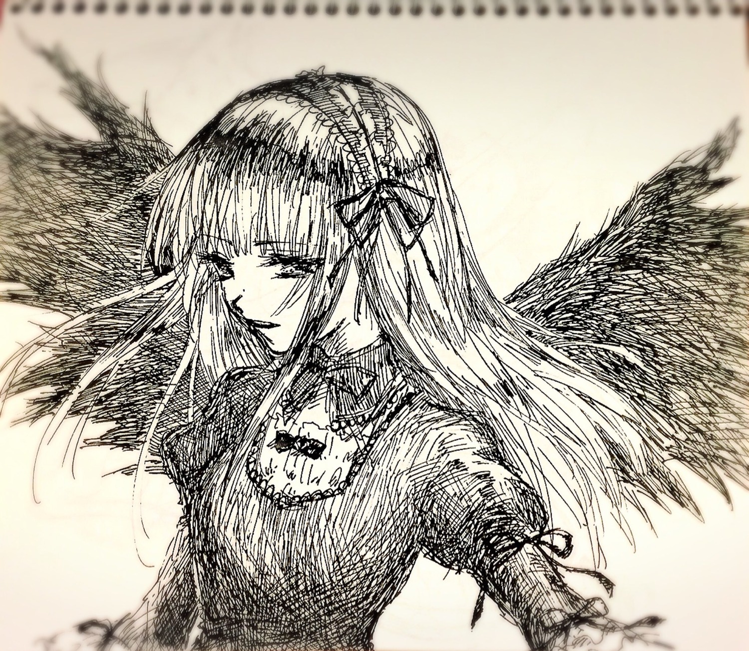 1girl bangs closed_mouth dress feathered_wings feathers half-closed_eyes image long_hair long_sleeves monochrome solo suigintou upper_body wings