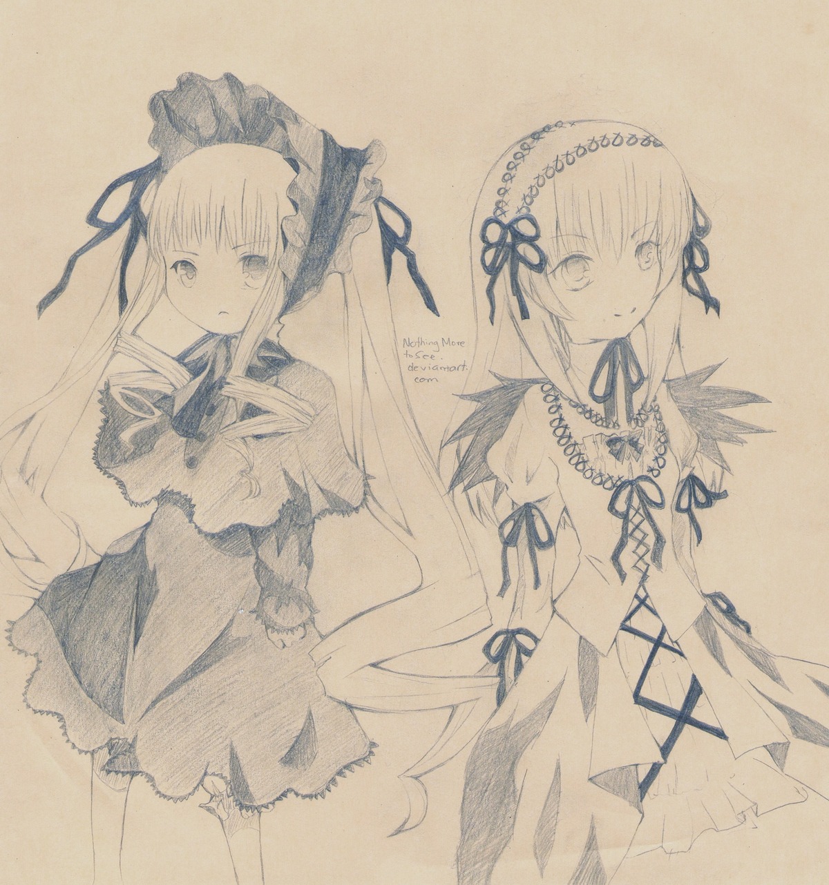 1girl dress frills hairband image long_hair long_sleeves looking_at_viewer monochrome pair ribbon shinku simple_background suigintou traditional_media wings