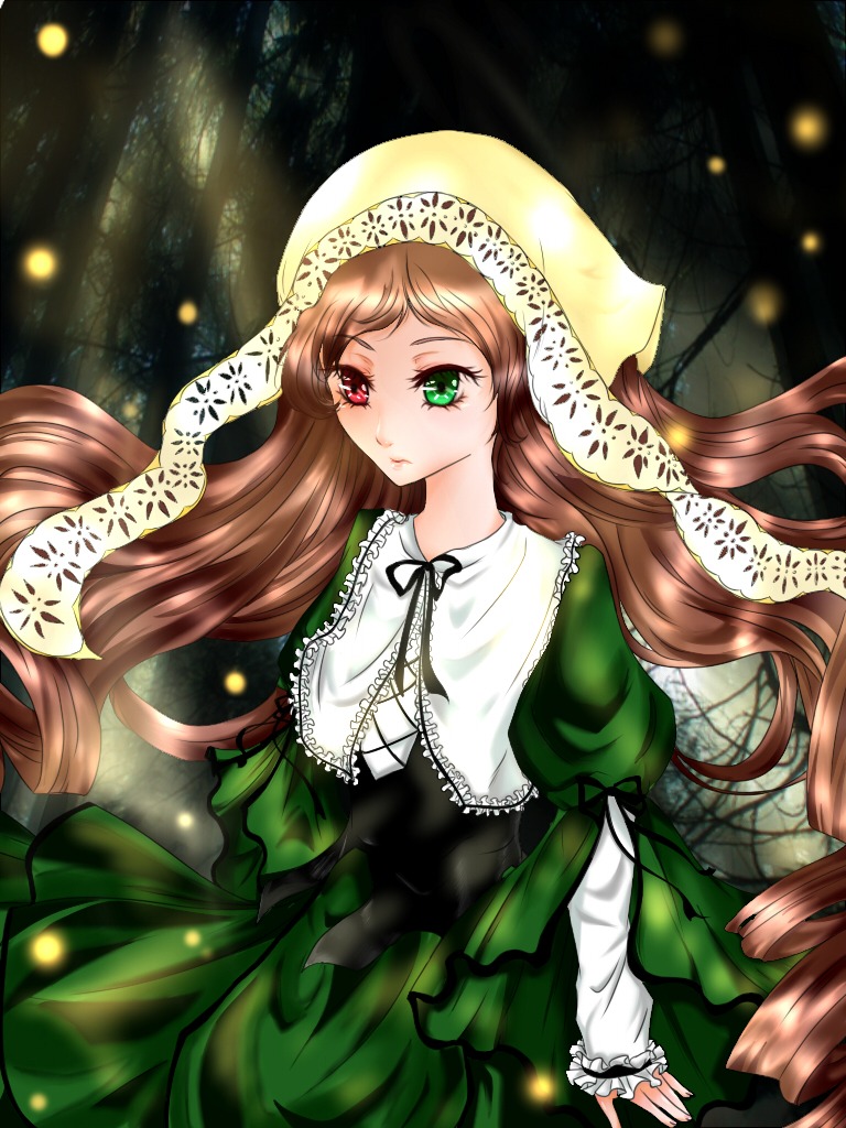 1girl brown_hair dress drill_hair frills green_dress green_eyes head_scarf heterochromia image long_hair long_sleeves looking_at_viewer red_eyes solo standing suiseiseki tears twin_drills twintails very_long_hair