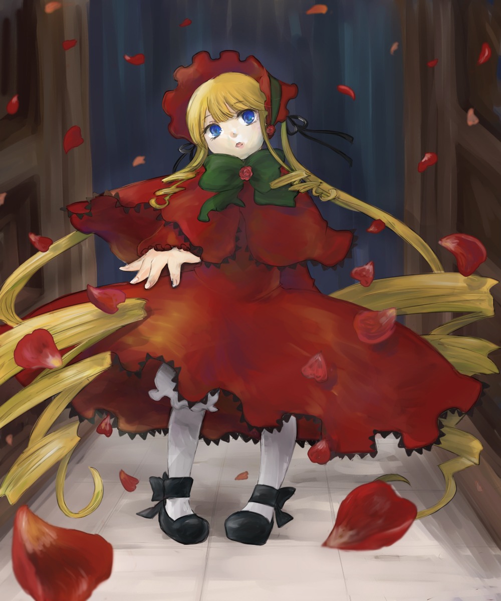 1girl blonde_hair blue_eyes bonnet bow bowtie capelet curtains dress flower full_body green_bow image long_hair long_sleeves looking_at_viewer pantyhose petals red_dress rose rose_petals shinku shoes solo standing torn_clothes twintails white_legwear