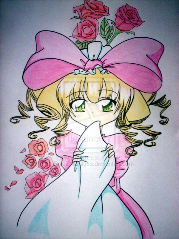 1girl blonde_hair covering_mouth drill_hair flower green_eyes hat hina_ichigo hinaichigo image long_sleeves looking_at_viewer marker_(medium) petals photo pink_flower pink_rose purple_rose red_flower red_rose ringlets rose rose_petals shinku solo traditional_media twin_drills watercolor_(medium)