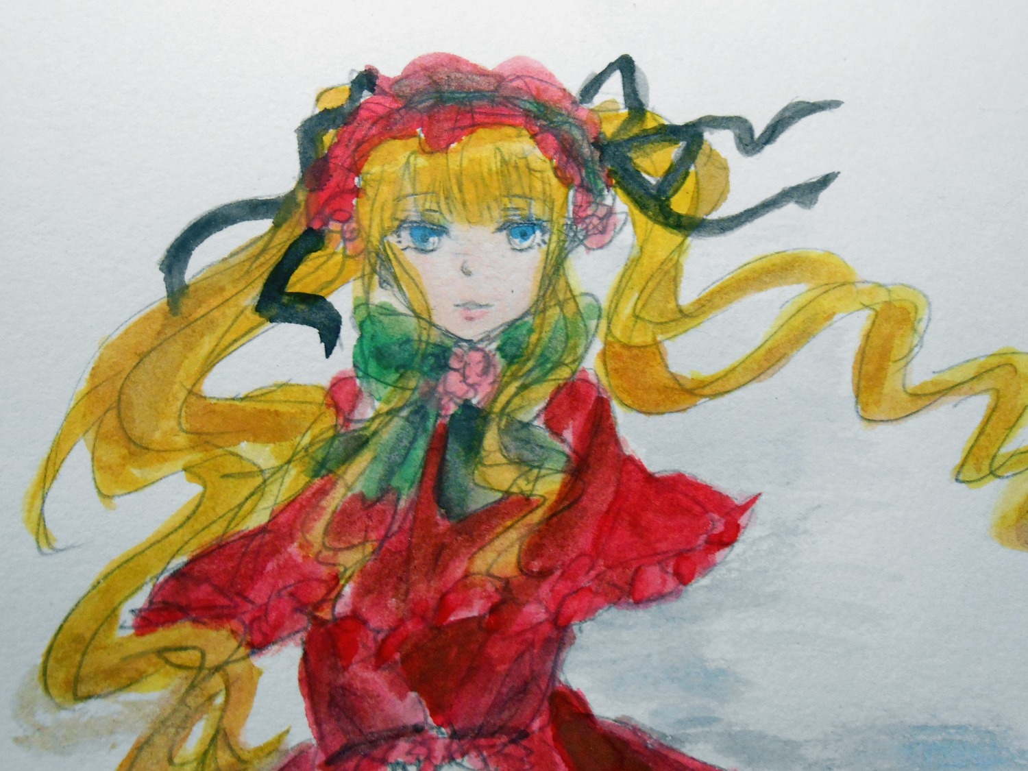 1girl 86800 bangs blonde_hair blue_eyes bonnet bow dress flower green_bow image long_hair long_sleeves looking_at_viewer red_dress rose shinku simple_background solo traditional_media twintails upper_body