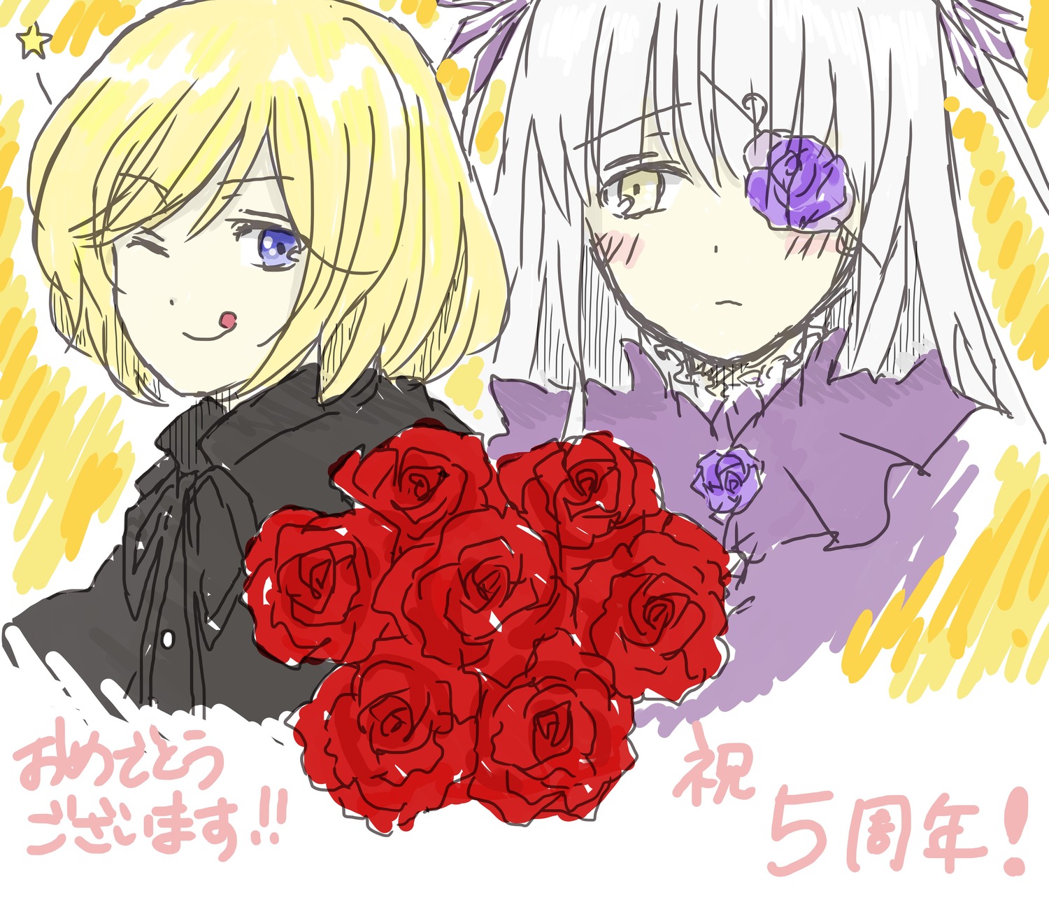 2girls barasuishou blonde_hair blue_eyes bouquet flower image jeanne_d'arc_(alter)_(fate) long_hair looking_at_viewer multiple_girls one_eye_closed pink_rose purple_flower purple_rose red_flower red_rose rose short_hair silver_hair solo tongue tongue_out yellow_eyes