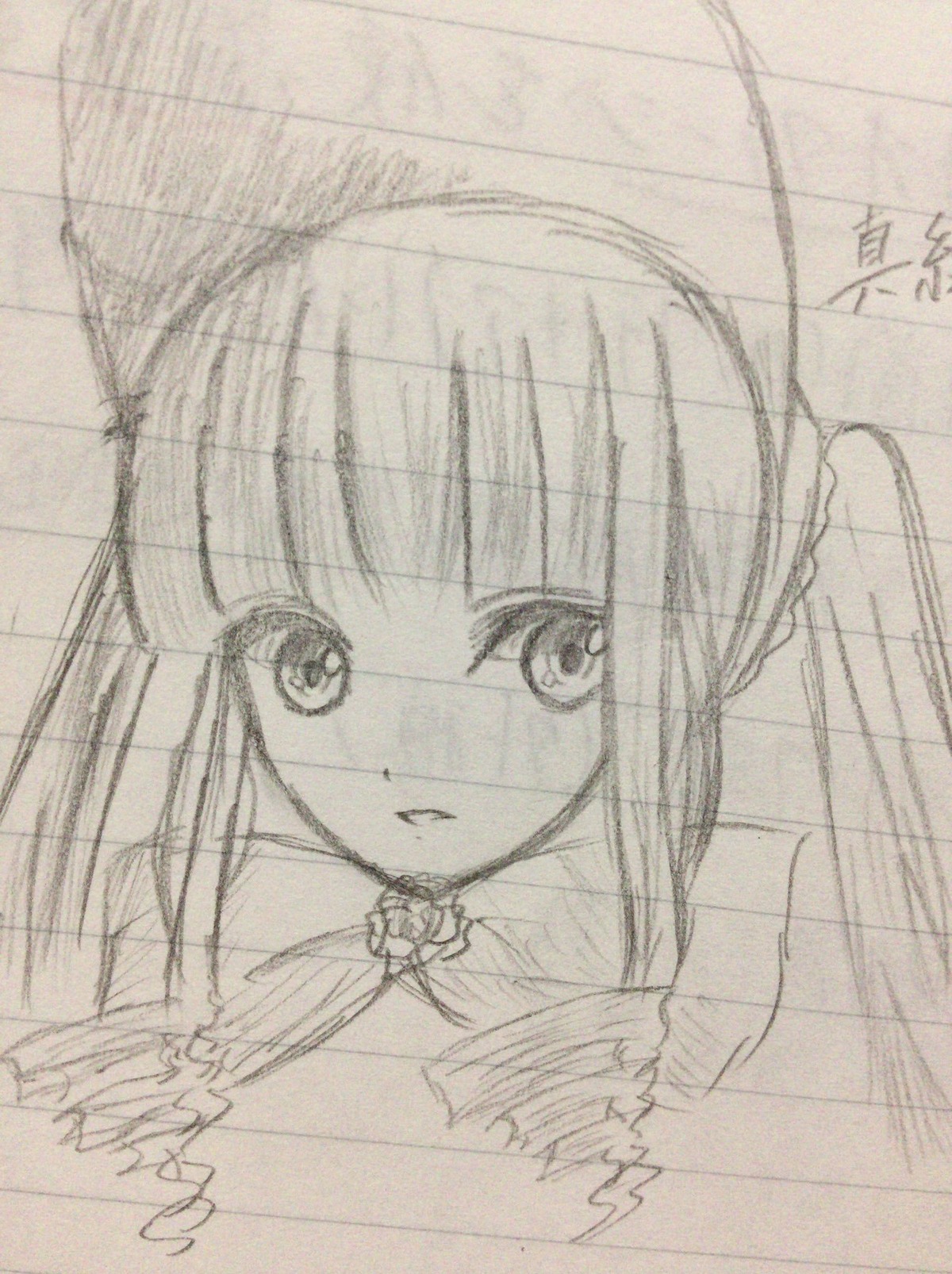 1girl eyebrows_visible_through_hair image looking_at_viewer monochrome shinku simple_background sketch solo traditional_media white_background