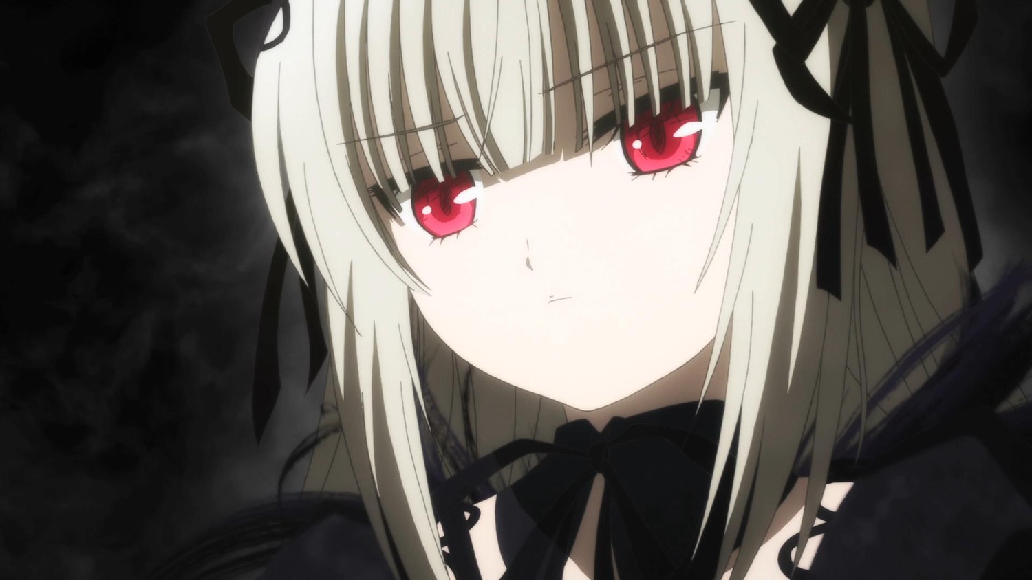 1girl bangs black_dress black_ribbon blush closed_mouth detached_collar dress eyebrows_visible_through_hair hair_ribbon image long_hair looking_at_viewer pout red_eyes ribbon silver_hair solo suigintou