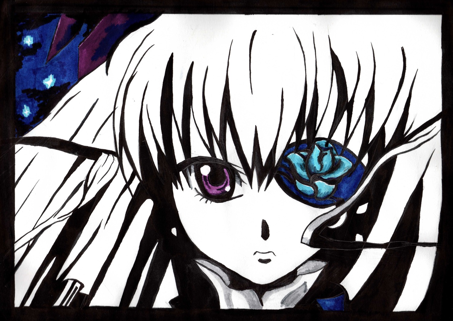 1girl barasuishou blue_flower blue_rose close-up flower image letterboxed looking_at_viewer purple_eyes rose solo