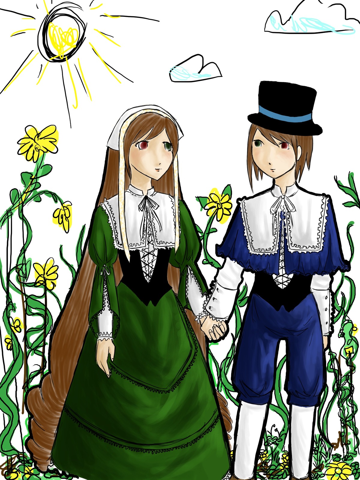 2girls blue_dress brown_hair dress flower green_dress hat head_scarf heterochromia holding_hands image interlocked_fingers long_hair long_sleeves looking_at_viewer multiple_girls pair red_eyes siblings sisters souseiseki standing suiseiseki top_hat twins very_long_hair watering_can