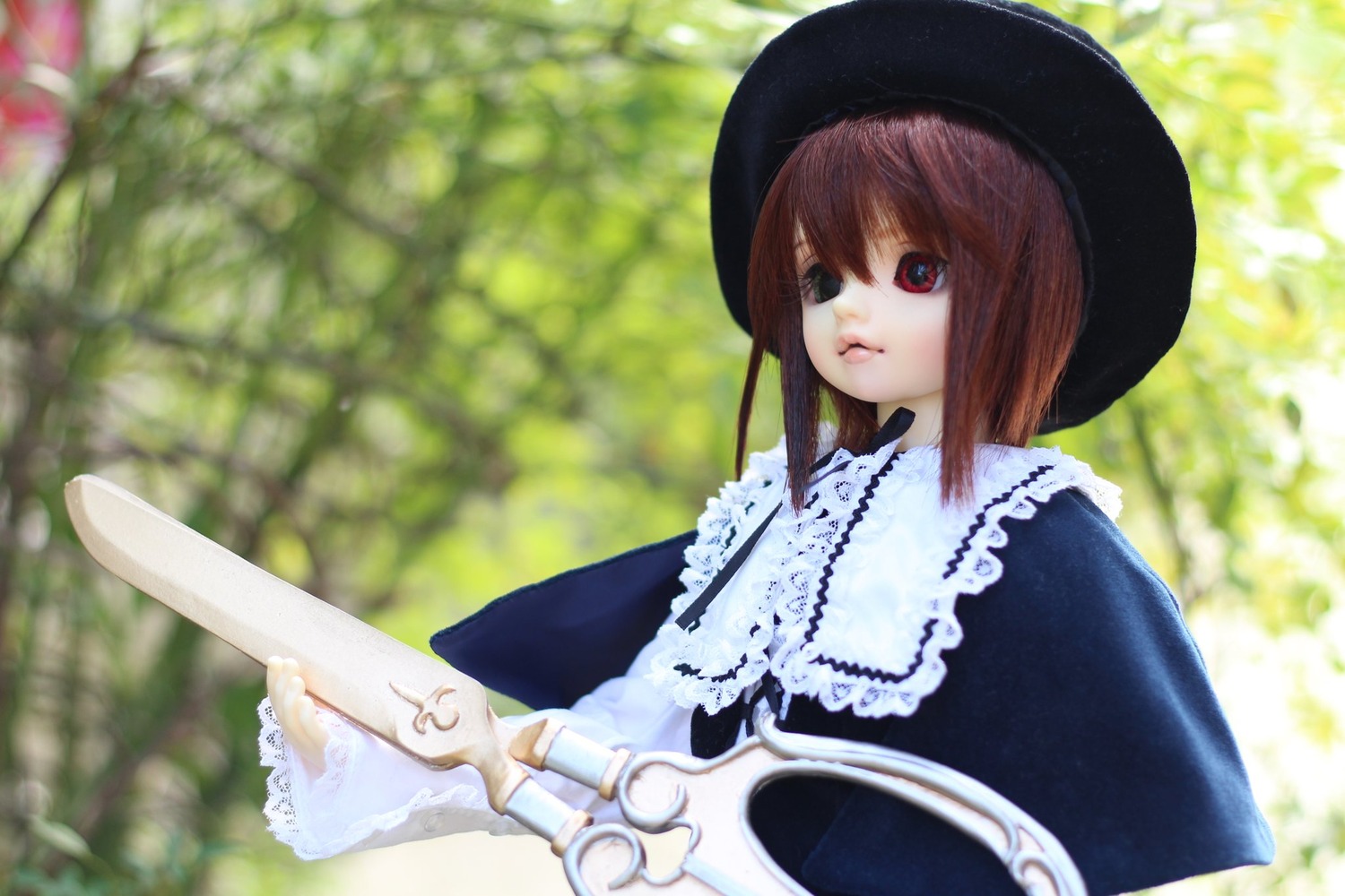 1girl blurry brown_hair capelet depth_of_field doll dress frills hat long_sleeves outdoors red_eyes short_hair solo souseiseki sword upper_body