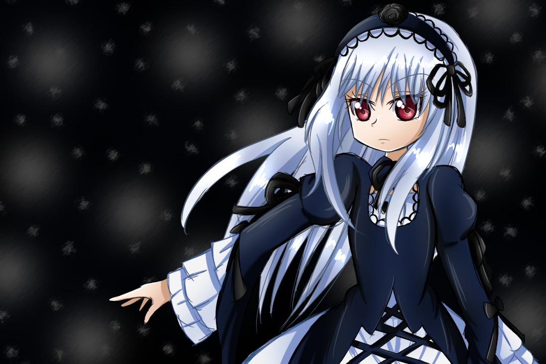 1girl bangs black_dress black_ribbon dress dutch_angle expressionless flower frills hairband image juliet_sleeves lolita_hairband long_hair long_sleeves looking_at_viewer puffy_sleeves red_eyes ribbon rose silver_hair snowing solo suigintou very_long_hair wings