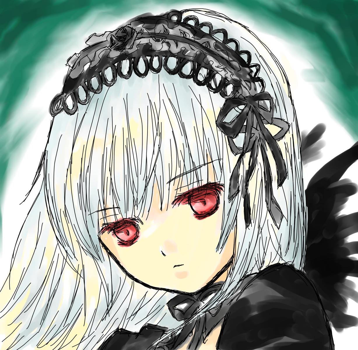 1girl bangs black_dress black_ribbon black_wings closed_mouth dress eyebrows_visible_through_hair frills hairband image lolita_fashion long_hair looking_at_viewer red_eyes ribbon silver_hair solo suigintou wings