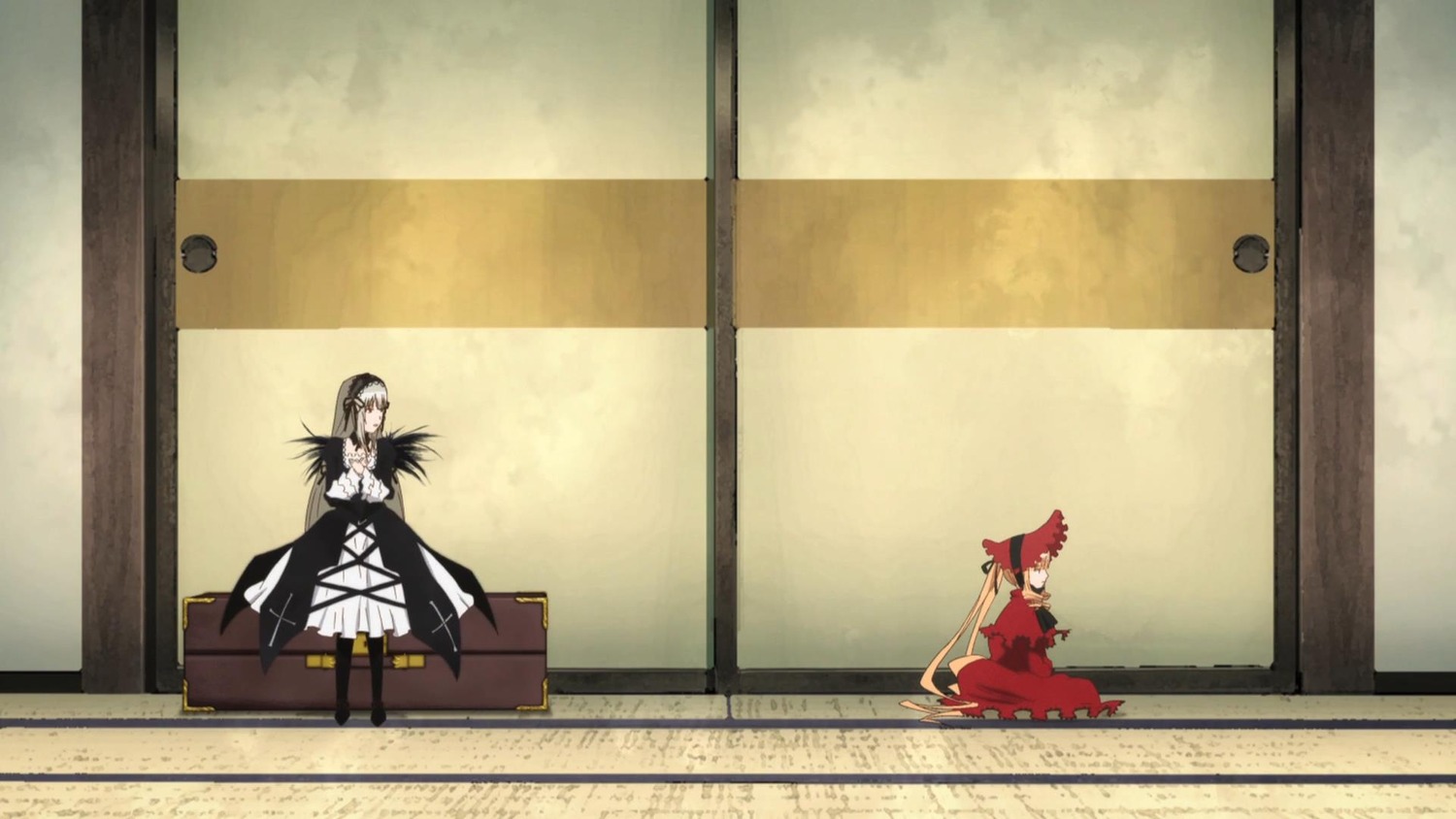 1girl black_hair dress hakurei_reimu image pair shinku sitting suigintou tatami